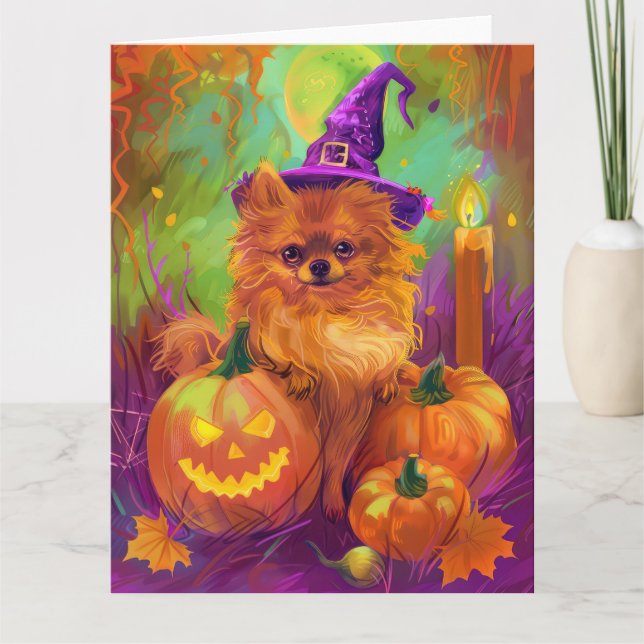 Tarjeta Tocante Perro Pomeraniano Halloween Bruja Y Calaba (Anverso)