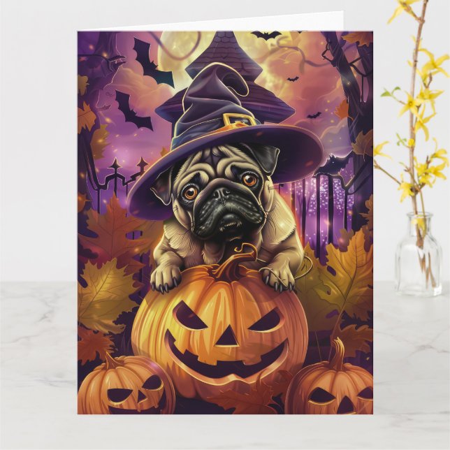 Tarjeta Tocante Perro Pug Halloween Bruja Y Calabaza (flor amarilla)