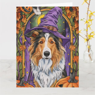 Tarjeta Tocante Rough Collie Dog Halloween Bruja Calabaza