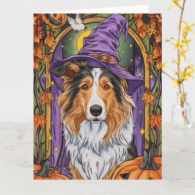Tarjeta Tocante Rough Collie Dog Halloween Bruja Calabaza (flor amarilla)