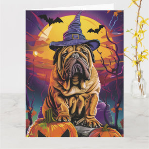 Tarjeta Tocante Shar Pei Perro Halloween Bruja Y Calabaza