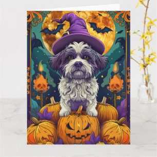 Tarjeta Tocante Shih Tzu Perro Halloween Bruja Y Calabaza