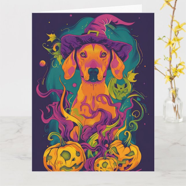 Tarjeta Tocante Vizsla Perro Halloween Bruja Y Calabaza (flor amarilla)