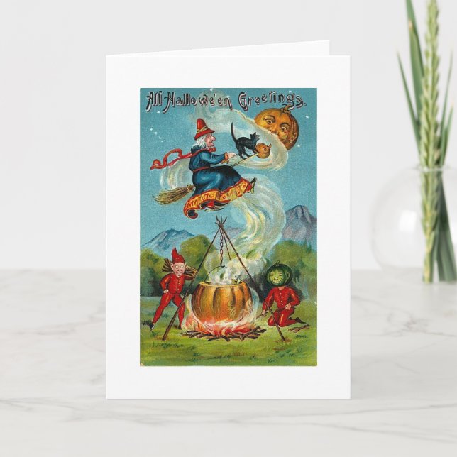 Tarjeta Todos los saludos de Halloween Bruja voladora (Anverso)