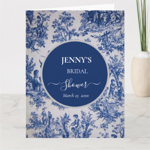 Tarjeta Toile de Jouy Ducha azul y blanca de novias