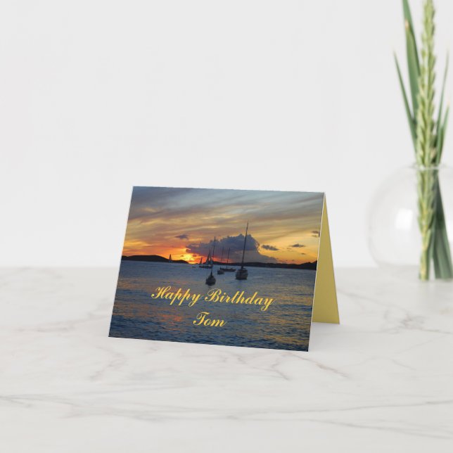 Tarjeta Tom Feliz cumpleaños a las veleras al atardecer (Anverso)
