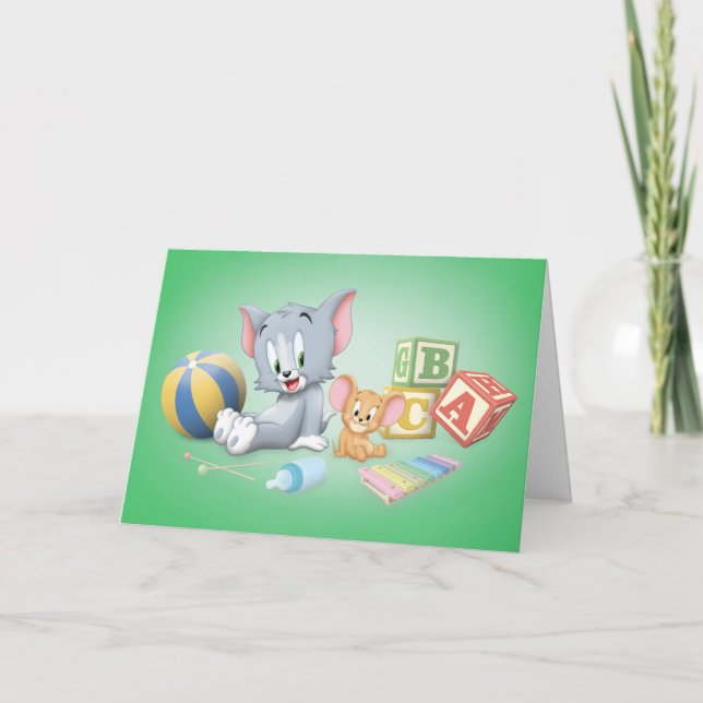 Tarjeta Tom infantil y Jerry jugando con juguetes (Anverso)