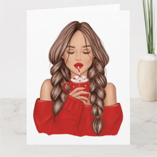 Tarjeta Tomar chocolate caliente en invierno con suéter ro