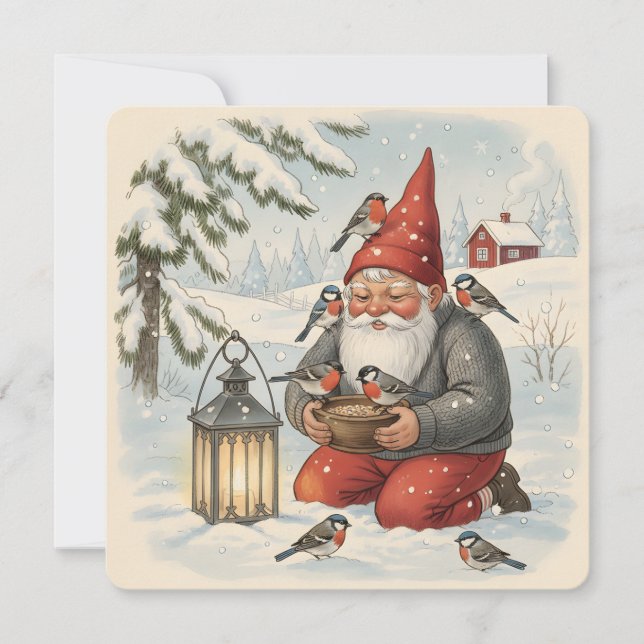 Tarjeta Tomte escandinavo vintage con pájaros (Anverso)