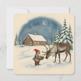Tarjeta Tomte y reno de Navidad escandinavo vintage