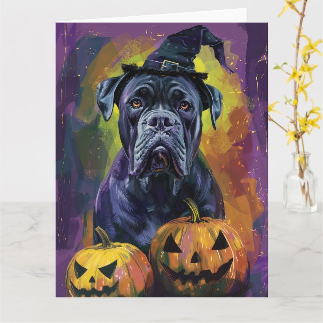 Tarjeta Tonto Bullmastiff Perro Halloween Bruja Y Calabaza (flor amarilla)
