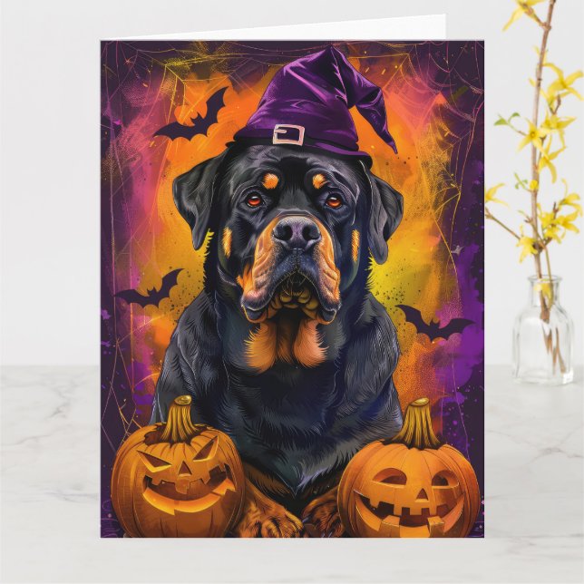 Tarjeta Tonto Rottweiler Perro Halloween Bruja Y Calabaza (flor amarilla)