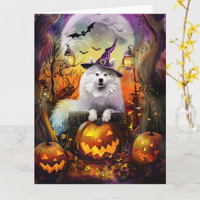 Tarjeta Tonto Samoyed Perro Halloween Bruja Y Calabaza (flor amarilla)