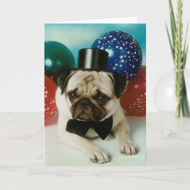 Tarjeta Top Hat Birday Pug (Anverso)