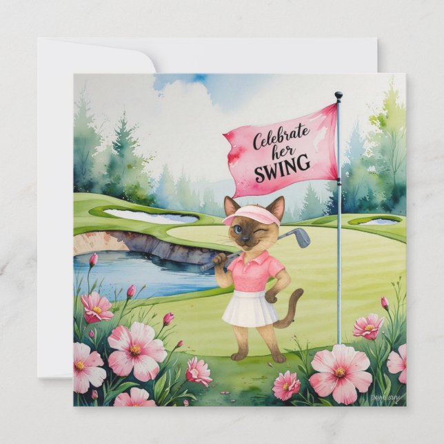 Tarjeta Torneo femenino de golf para gato golfista siamés (Anverso)