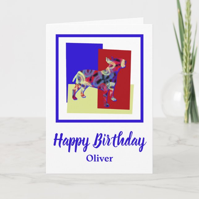 Tarjeta Toro Terrier Inglés Perro Rojo Azul Amarillo Cumpl (Anverso)