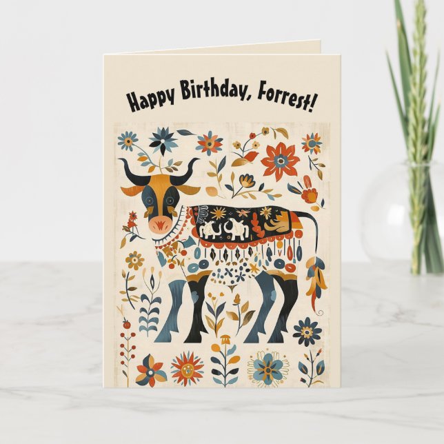 Tarjeta Toro y flores de arte folclórico editables (Anverso)