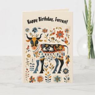Tarjeta Toro y flores de arte popular editables