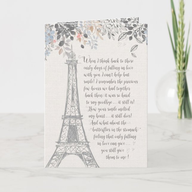 Tarjeta Torre Eiffel, aniversario romántico (Anverso)
