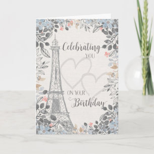 Tarjeta Torre Eiffel de cumpleaños con marco floral 