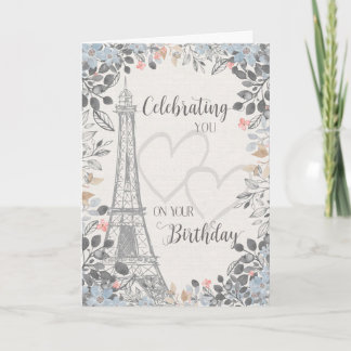 Tarjeta Torre Eiffel de cumpleaños con marco floral 