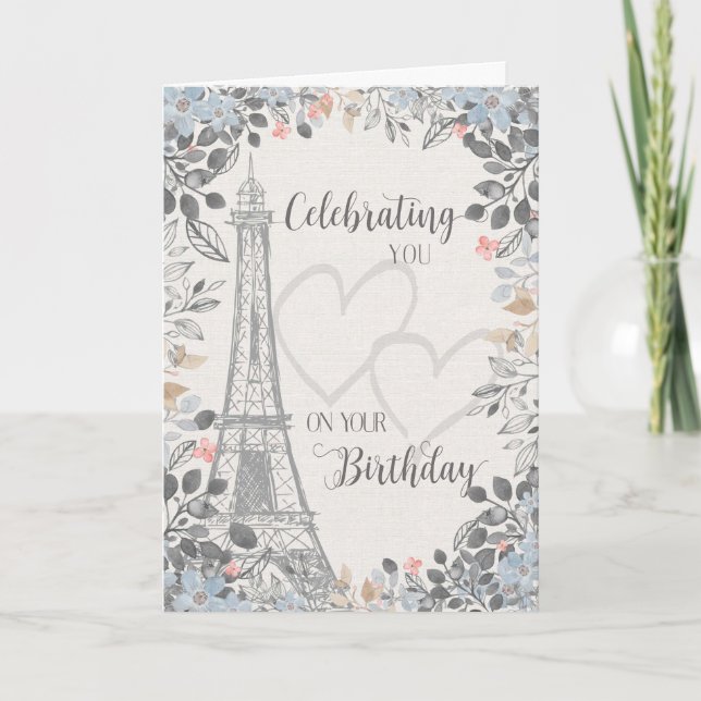Tarjeta Torre Eiffel de cumpleaños con marco floral  (Anverso)