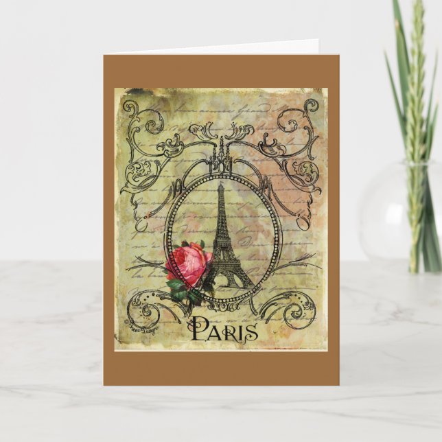 Tarjeta Torre Eiffel de París y Steampunk Rosa Roja (Anverso)