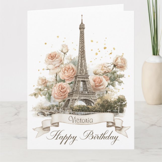 Tarjeta Torre Eiffel "Feliz Cumpleaños" con nombre persona (Anverso)