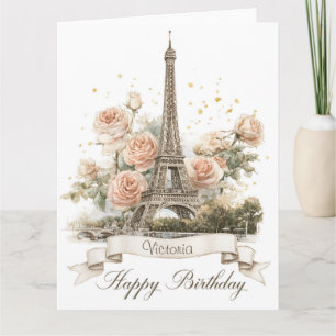 Tarjeta Torre Eiffel "Feliz Cumpleaños" con nombre persona