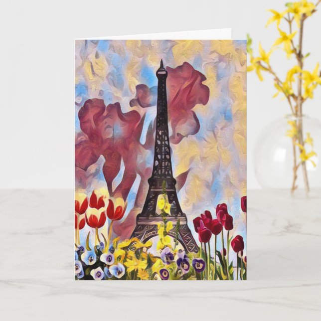 Tarjeta Torre Eiffel, Paris Iris, Flores de Tulipanes de P (flor amarilla)