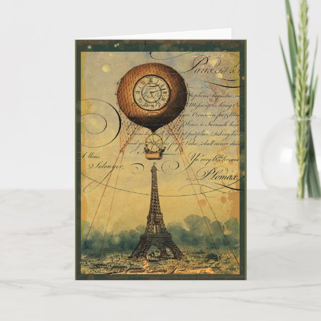 Tarjeta Torre Eiffel Steampunk y globo de aire caliente (Anverso)
