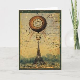 Tarjeta Torre Eiffel Steampunk y globo de aire caliente