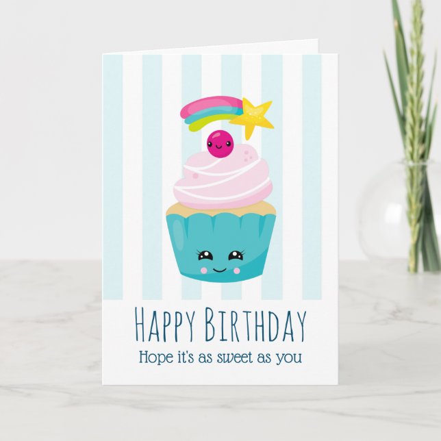 Tarjeta Torta azul dulce con cara de Kawaii Cumpleaños (Anverso)