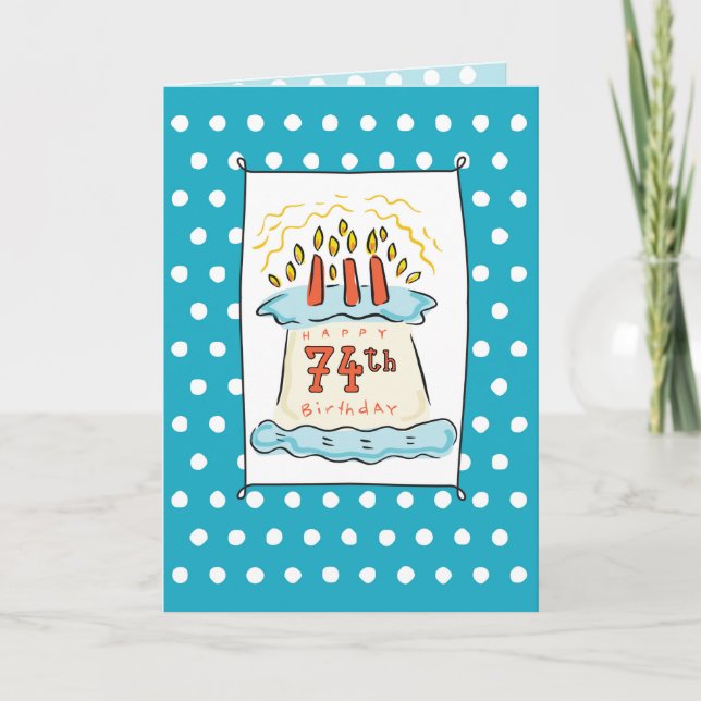 Tarjeta Torta de cumpleaños 74 sobre azul Verde azulada co (Anverso)