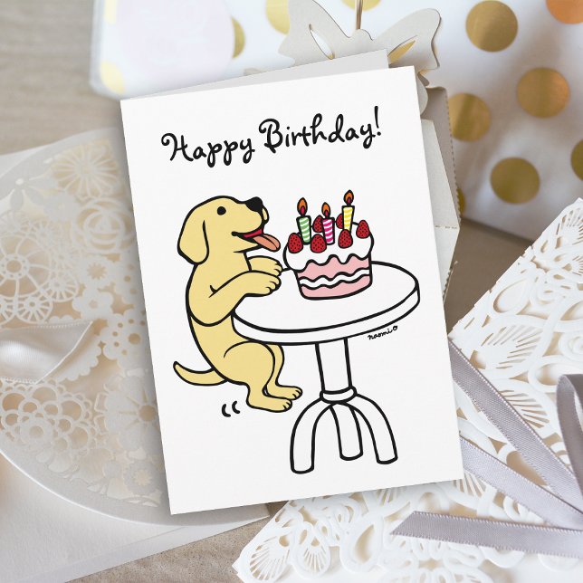 Tarjeta Torta de cumpleaños amarillo Labrador Personalizad (Birthday Cake Yellow Labrador Cartoon Birthday Card with plain white background for dog lovers.)