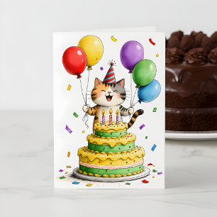 Tarjeta Torta de Cumpleaños con Gorro de Fiesta de Gato Ca