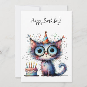 Tarjeta Torta de Cumpleaños con Sombrero de Fiesta de Gato