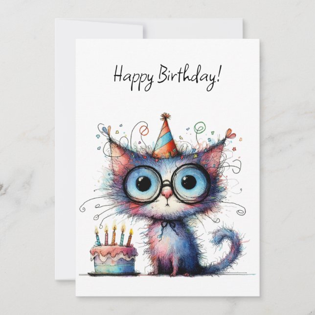 Tarjeta Torta de Cumpleaños con Sombrero de Fiesta de Gato (Anverso)