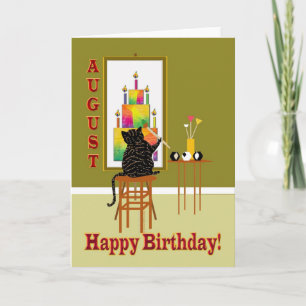 Tarjeta Torta de cumpleaños de la pintura del gato AGOSTO