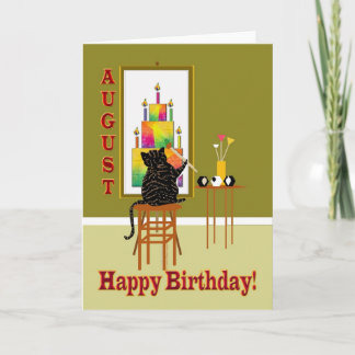 Tarjeta Torta de cumpleaños de la pintura del gato AGOSTO