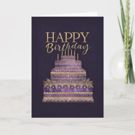 Tarjeta Torta de cumpleaños elegante de color púrpura y do