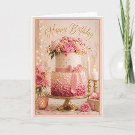 Tarjeta Torta de cumpleaños elegante rosa y dorado con vol
