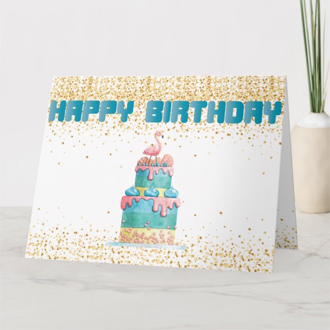 Tarjeta Torta de cumpleaños flamenco confeti dorado (Anverso)