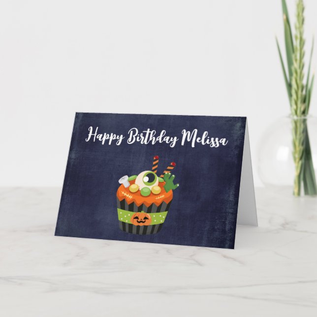 Tarjeta Torta de Halloween dulce y espeluznante con un gra (Anverso)