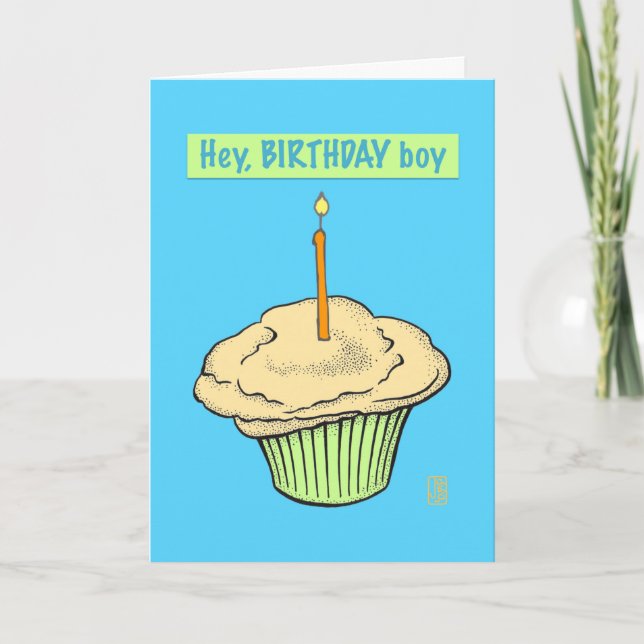 Tarjeta Torta de torta con velas "Hey, Birthday Boy" (Anverso)