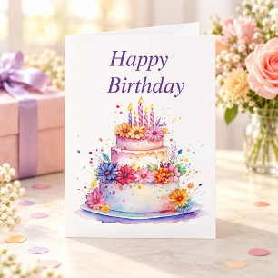 Tarjeta Torta Floral Acuarela Cumpleaños Feliz