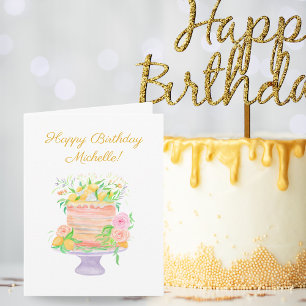 Tarjeta Torta Floral de Limón con Acuarela Cumpleaños Feli