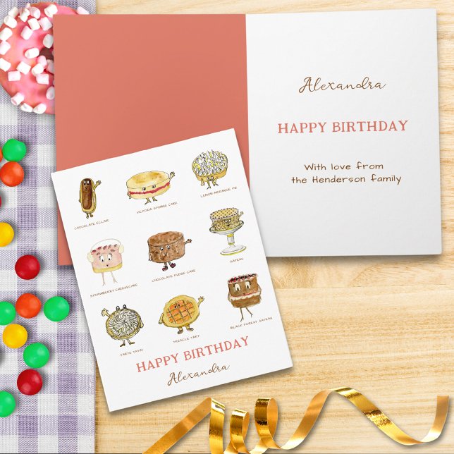 Tarjeta Torta Linda y Postre Acuarela Feliz Cumpleaños (Cute cakes and desserts watercolor happy birthday custom greetings card for baking & cooking lovers)