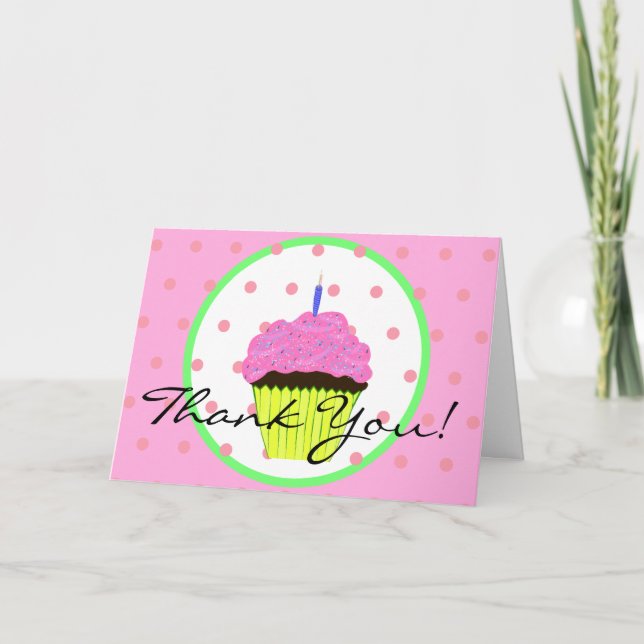 Tarjeta Torta rosa verde Polka puntos cumpleaños Gracias (Anverso)