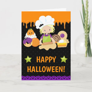 Tarjeta Tortas de otoño Hornear niña rubia Feliz Halloween